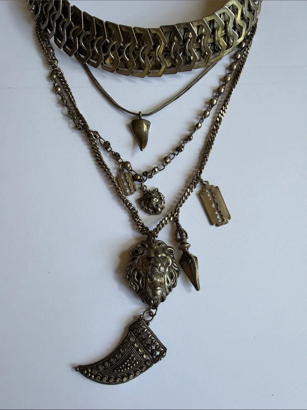 Dylanlex Archive Silver-Tone Statement Necklace with Lion and Charm Pendants
